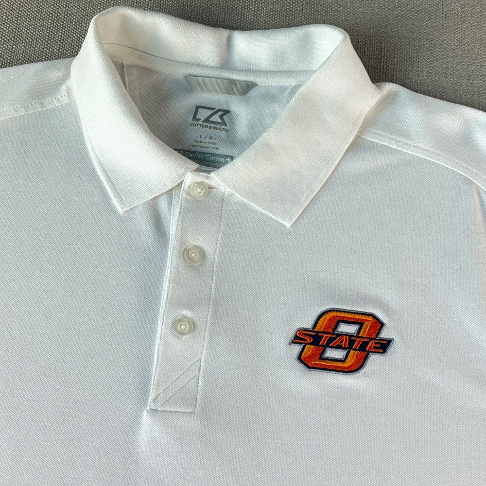Cutter & Buck Polo Shirt Mens Large White Oklahoma State OSU DryTec MCK09321